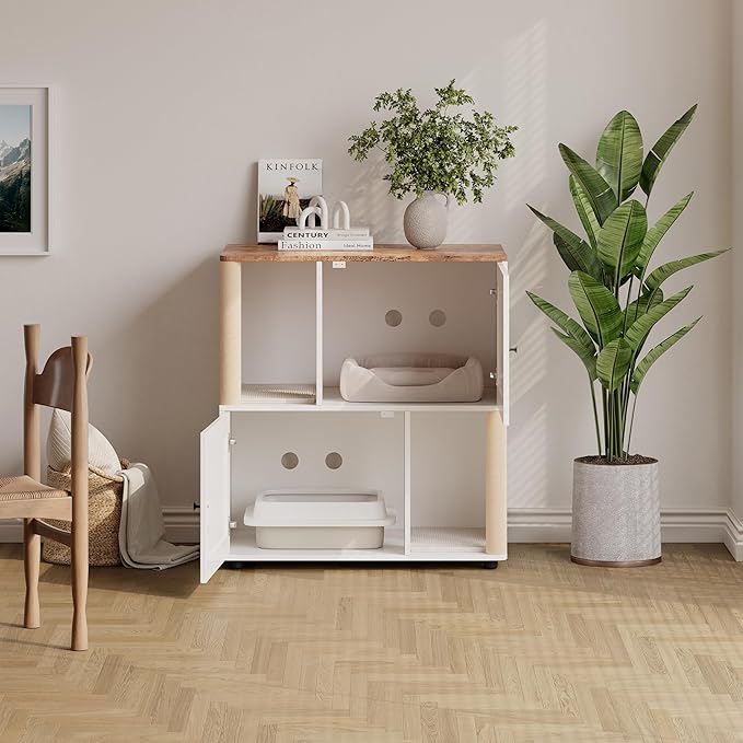 Double Cat Litter Box Enclosure Furniture for 2 Cats – Modern Wooden Cabinet, Marking Post, Litter Mats, Odor Control, Dog-Proof, Hidden Washroom, End Table – X-Door White