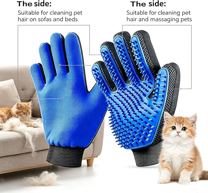 Pet Hair Removal Glove for Dogs & Cats Newly Upgraded Dual-Sided Dual-Function Reusable Electrostatic Pet Hair Glove Pet Hair Remover Tool for Clothing Couch Bed Carpet Car Seat 1 Pair (Blue)