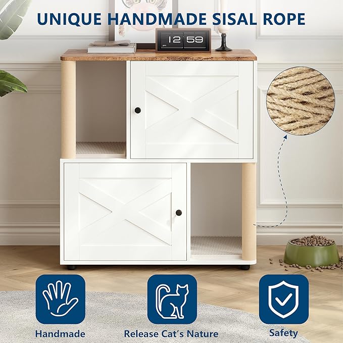 Double Cat Litter Box Enclosure Furniture for 2 Cats – Modern Wooden Cabinet, Marking Post, Litter Mats, Odor Control, Dog-Proof, Hidden Washroom, End Table – X-Door White
