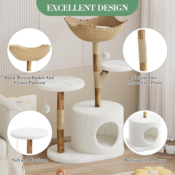 GAOMON 46" Modern Cat Tree for Large Cats, Real Solid Wood Branch Luxury Cat Condo with Scratching Post and Cat Bed, Boho Aesthetic Luxury Pet Furniture