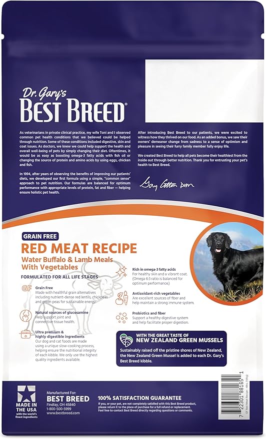 Best Breed Dr. Gary's Grain Free Red Meat Recipe Slow-Cooked in USA [Natural Dry Dog Food for All Breeds and Sizes] - 4lbs., Dark Brown