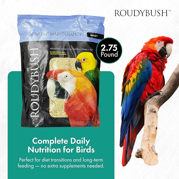 Roudybush Low Fat Food for Adult Birds & Chicks - Scientifically Formulated Bird Feed - Bird Food Pellets w/ Corn, Wheat, Soy & More - Nutritious & Healthy Feed for Birds (Nible, 44oz)