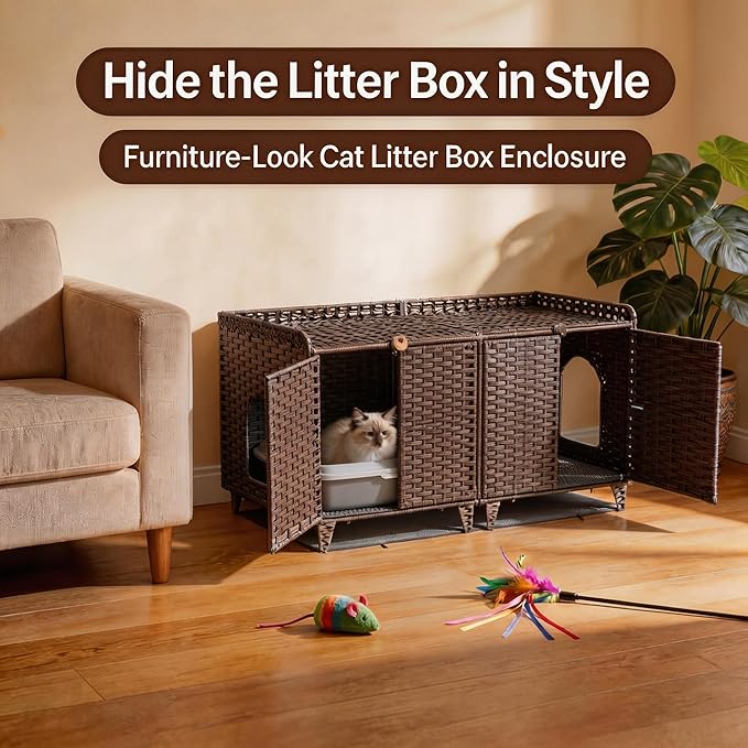 GarveeLife Cat Litter Box Enclosure Furniture, Handwoven Rattan Cat House, Hidden Cat Washroom Furniture with Door/Mat, Large Space Cat House with s-Shaped Hooks, Living Room, Bedroom