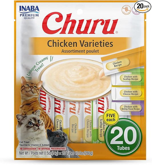 INABA Churu Cat Treats, Lickable, Squeezable Creamy Purée Cat Treat with Green Tea Extract & Taurine, 0.5 Ounces Each Tube, 20 Tubes, Chicken Variety