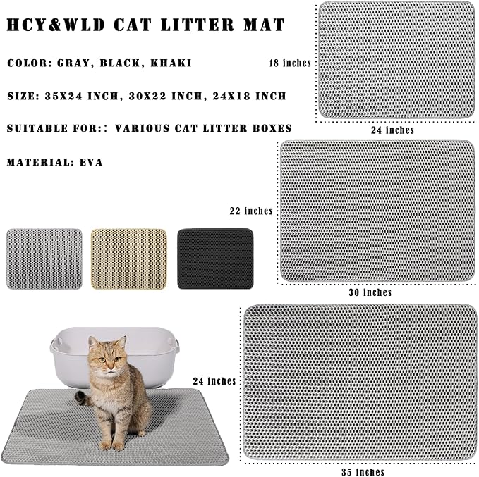 HCY&WLD Cat Litter Mat, 45x26/35x24/30x22/24x18 Inch Double Layer Cat Litter Box Mat, EVA Non-Slip, Waterproof Urine Proof Cat Litter Catcher Mat, Easy Clean Scatter Control (30x22 Inch, Black)