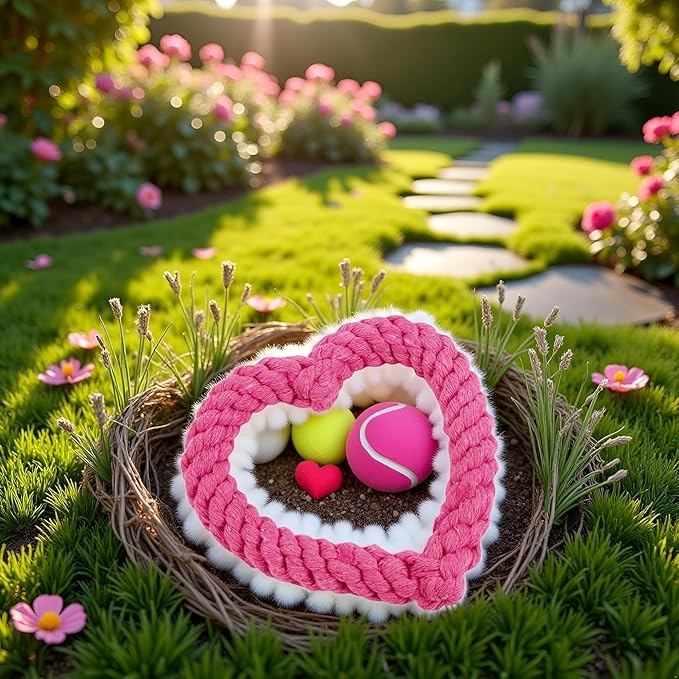 Jinshining Pink Cute Dog/Cat Chew Toys, Dog Toys for Chewers, Heavy Duty Dental Rope Toy for Dogs, Creative Love Heart Shaped Interactive Rope Dog Toys, Cotton Puppy Teething Chew Tug Toy Dark