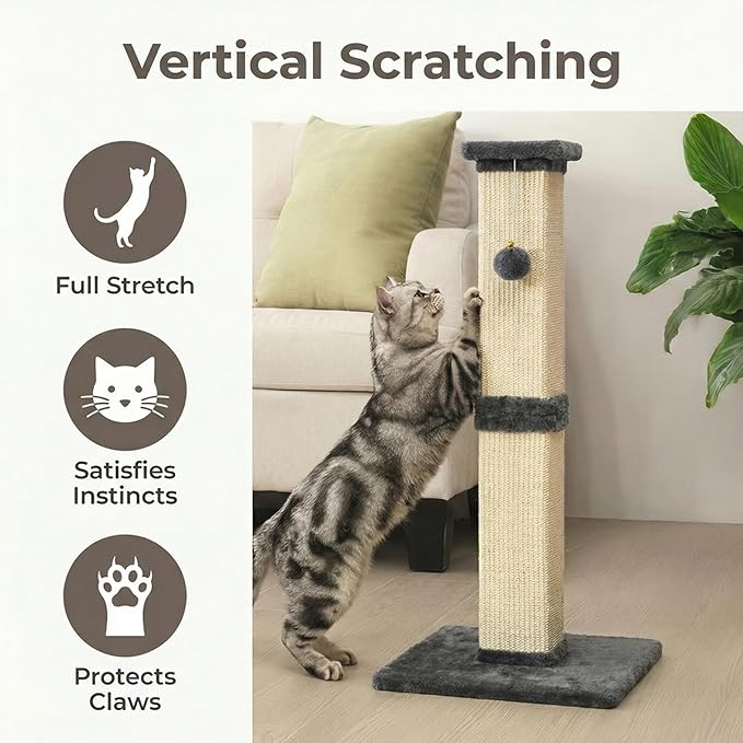 Fansafurn Tall Cat Scratching Post, 32'' Heavy Duty and Thick Scratching Post, Scratching Post for Adult Cats, Thick Sisal Rope with Hanging Ball, Grey