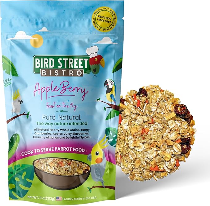 Bird Street Bistro Parrot Food Sample 4 Pack - Parakeet Food - Cockatiel Food - Bird Food - Cooks in 3-15 min w/Natural Grains - Healthy, Non-GMO Fruits, Healthy Oriented Spices