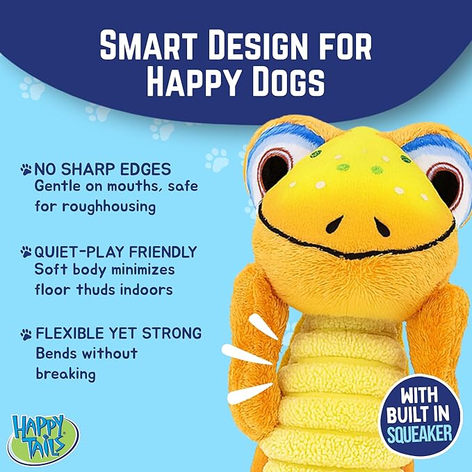 Happy Tails Interactive 12-Inch Yellow Lizard Squeaky Dog Toy for Medium to Large Dogs, Durable Polyester with Reinforced Stitching