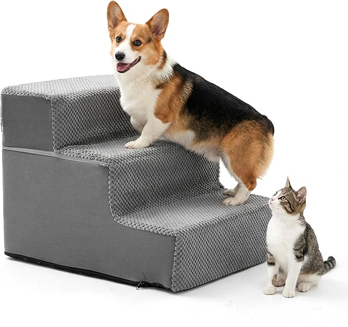 HealSmart Dog Stairs for Small Dogs, 3-Step Design Pet Steps for Puppies and Senior Cats, Versatile Indoor Pet Ramp Suitable for Sofa Couch and Chair, Non-Slip High-Density Foam Pet Ladder, Gray