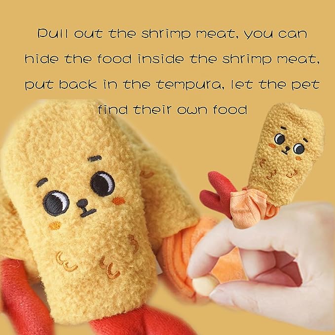 Rustling Squeaky Pet Toys Foodie Fried Shrimp Tempura Toy Interactive Dog Puzzle Plush Chew Toys Hiding Brain Stimulating for Puppy Small Medium Dogs Cats