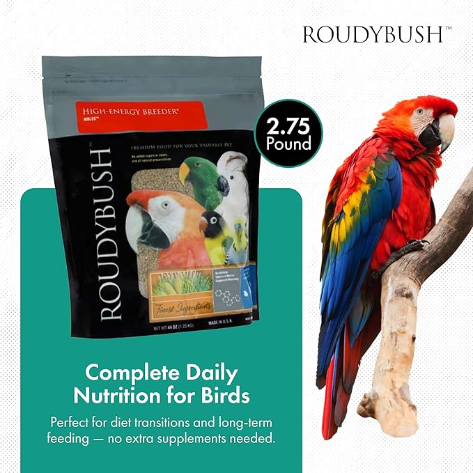 RoudyBush High Energy Breeder Food for Breeding & Weaning Birds - Scientifically Formulated Bird Feed - Bird Food Pellets w/Corn, Wheat, Soy - Nutritious & Healthy Feed for Birds (Small, 44oz)