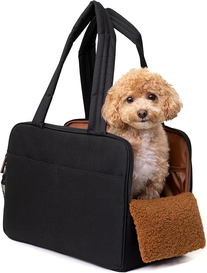 Black Dog Purse Carrier for Small Dogs – Cotton Padded Interior, Multiple Pockets, Breathable Mesh & Comfortable Strap, Durable Polyester Travel Bag, Lightweight Cat Carrier, Versatile Small Pet Bag