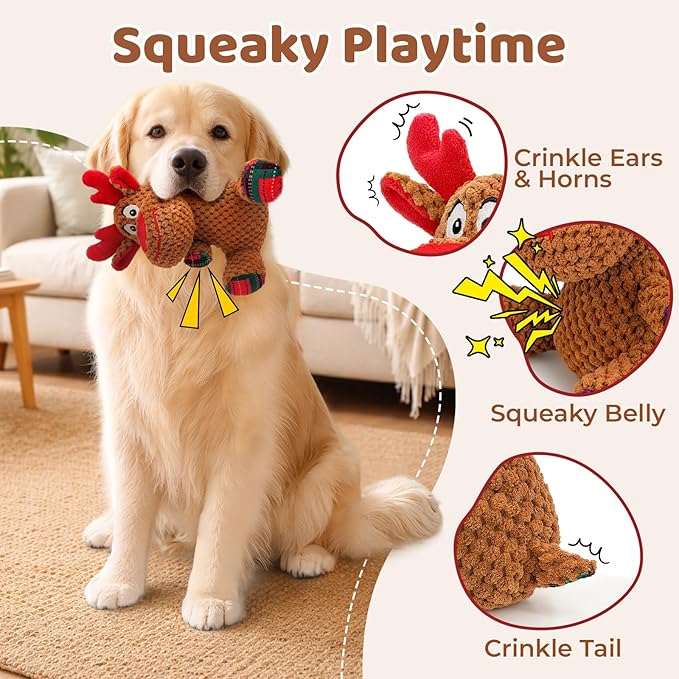 Dog Toys Set - 3 Pack Durable Squeaky Dog Toys for Small & Medium Dogs, Soft Plush Santa, Reindeer & Snowman Gift for Dogs