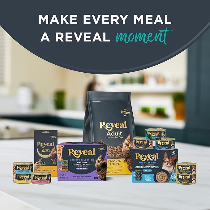 Reveal Entrées Natural Wet Cat Food, Grain-Free with Added Vitamins & Minerals, Carrageenan-Free and High Protein, Tuna Fillet with Crab in Broth (24 x 2.47 oz Cans)