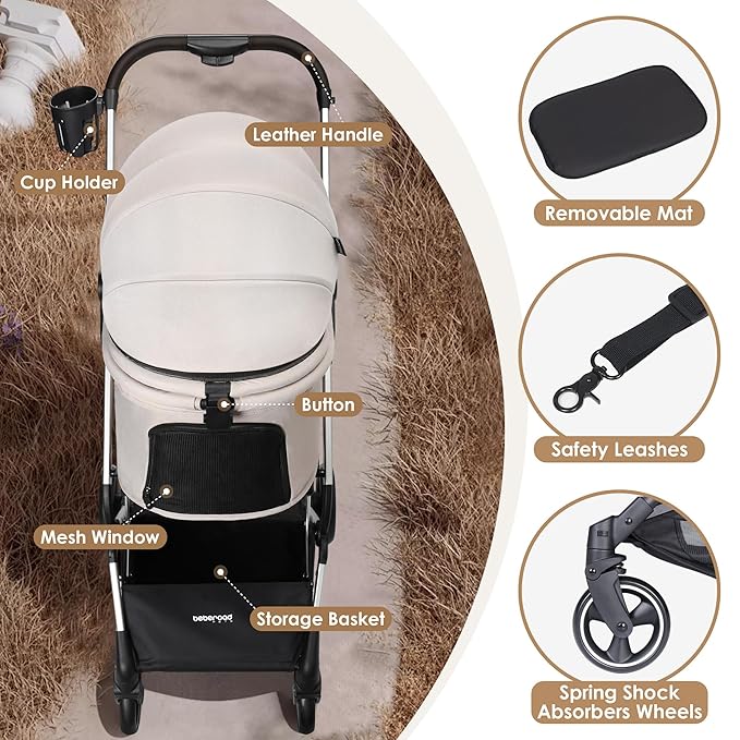 T4 Pet Stroller for Small Medium Dogs, Cat Strollers for 2 Cats, 4 Wheels Folding Pet Stroller for Cats with Pad, Canopy and Cup Holder, Beige