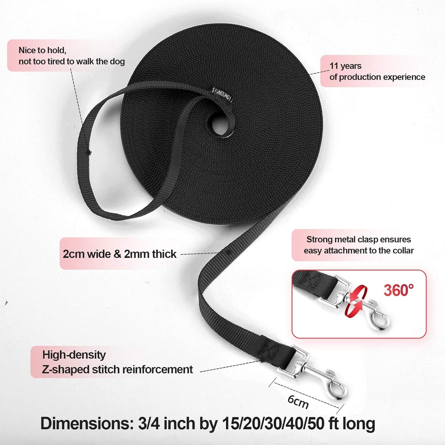 Dog/Puppy Obedience Recall Training Agility Lead - 15ft 20ft 30ft 40ft 50ft Training Leash - Great for Play, Camping, or Backyard - Black 30ft (30Feet, Black)