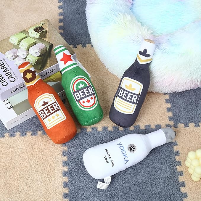 Squeak Dog Toy Soft Plush- Chew Beer-Bottle Shape Squeeze with Squeaker for Medium & Small Dog, 24*7cm