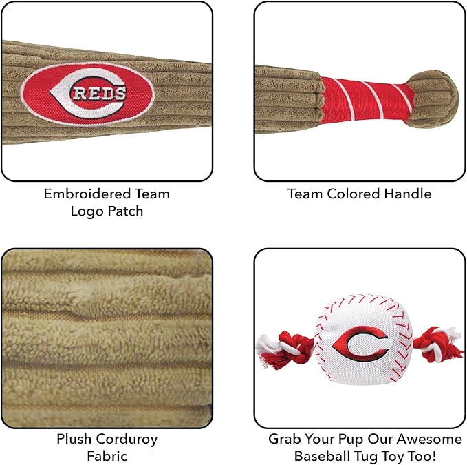 MLB Cincinatti Reds Baseball Bat Toy for DOGS & CATS. Soft Corduroy Plush Dog Toy with Inner SQUEAKER, MLB Chew Toys for Dogs or Cats. Durable Fun Interactive Dog Toy with Team Names and Logo