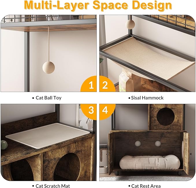 60-Inch Cat Litter Box Enclosure, Cat House with Storage Shelf, Sisal Hammock, Cat Condo, Play Ball and Reversible Door, Brown