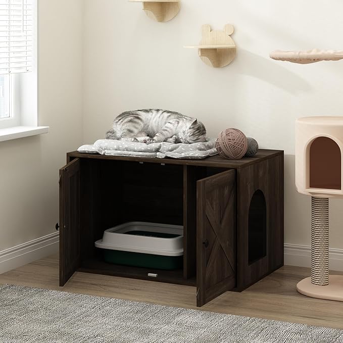 Furinno PELI Cat Litter Box Enclosure, Farmhouse Hidden Litter Box Furniture with Side Entrance, Wooden Pet House with Slatted Door, Easy Assembly, for Living Room, Ebony