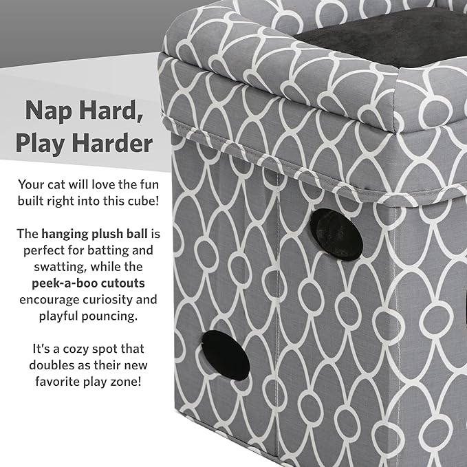 MidWest Homes for Pets Feline Nuvo Curious Cat Cube, Foldable Cat Hideout with Toy, Bolstered Bed Top, Gray Geo Print, Faux Fur