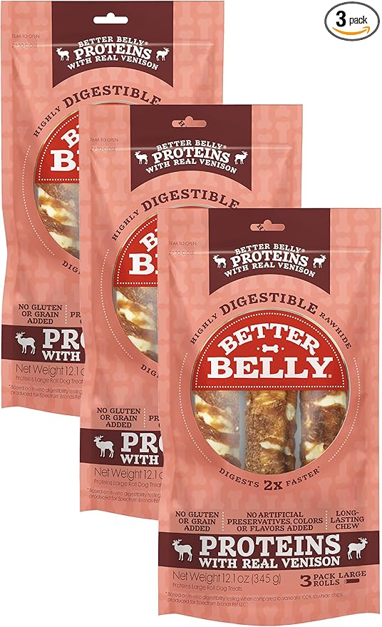Better Belly Proteins with Real Venison Large Rolls 3 Count, Digestible Rawhide for Dogs, 12.1 Ounce (Pack of 3)