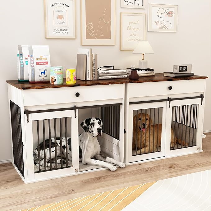 Large Dog Crate Furniture with Sliding Door & 360° Spinning Bowls | Durable Modern End Table for Medium & Large Dogs for Pet Owners (40-inch)