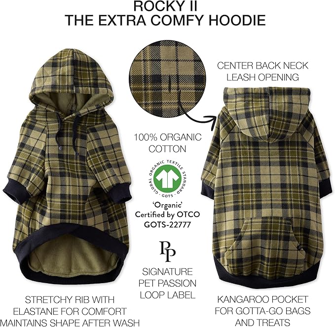Pet Passion Rocky II - The Extra Comfy Hoodie, Organic Cotton and Recycled Poly Dog Hoodie Pet Coat Sweater for Small, Medium, Large Dogs, Olive Chesterfield Plaid, XX-Small