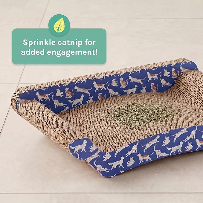 Kitty City Corrugate Sofa Lounger Cat Scratcher - Couch Bed Scratch Pad, Horizontal Nail File Scratch Mat for Indoor Cats, Sturdy Construction Cat Toy - Orange Kitty Pattern, 17” x 9.5”