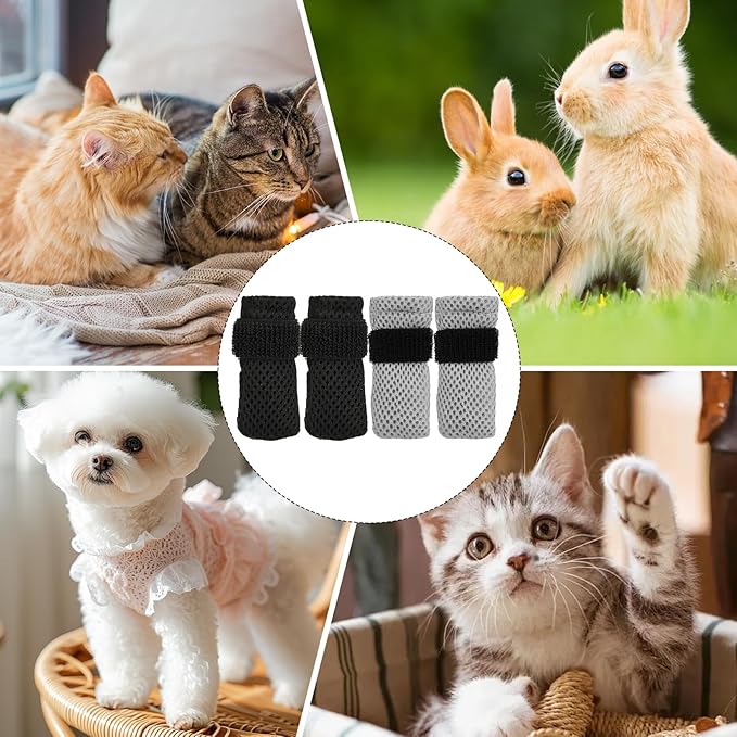 8 Pcs Cat Claw Covers, Shoes Booties For Cats Mittens To Prevent Scratching Socks Adjustable Breathable Mesh Puppy Indoor Gloves Paw Kitten Boots Suitable For Bathing And Nail Trimming (Grey + Black)