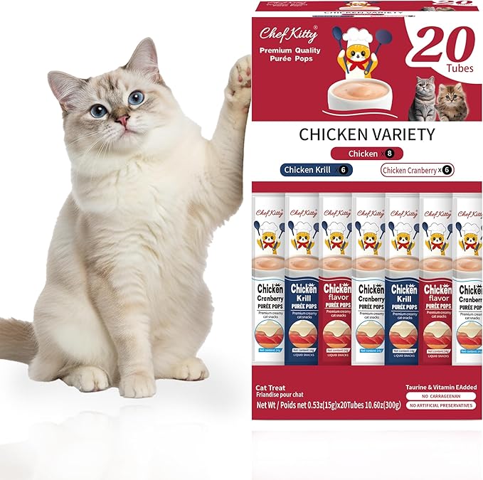 Purée Pops + Pink Feeding Spoon, Grain-Free, Lickable, Squeezable Creamy Cat Treat/Topper, 20 Tubes, Chicken Mix Variety