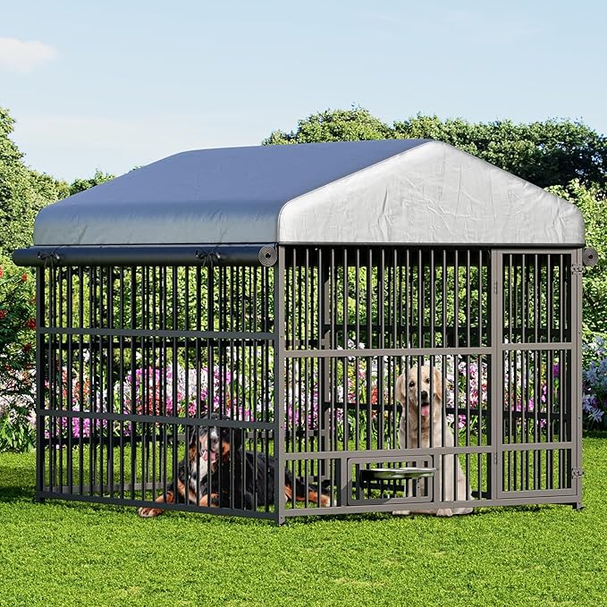 HOOBRO Dog Kennel Outdoor with Cover, 6.6 x 6.6 x 6.4 ft Dog Kennel Outside with Waterproof Roof and Rotating Feeding Bowls, Heavy-Duty Large Cage Enclosure, for Medium & Large Dogs, Black BK220GW03