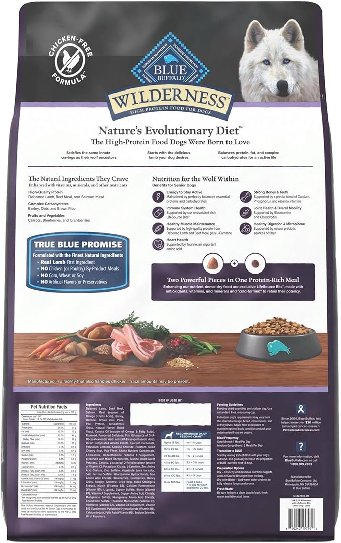 Blue Buffalo Wilderness 31 g Protein, Meat Rich Natural Dry Senior Dog Food, Lamb, Chicken-Free Formula, 24lb Bag