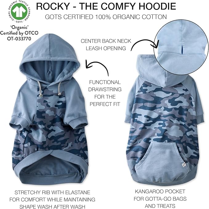 Pet Passion Rocky – The Original Lightweight Hooded Tee 100% Organic Cotton Dog Hoodie Pet Coat Sweater for All Sized Dogs, Navy Half Camo, Large (40-60 lbs)