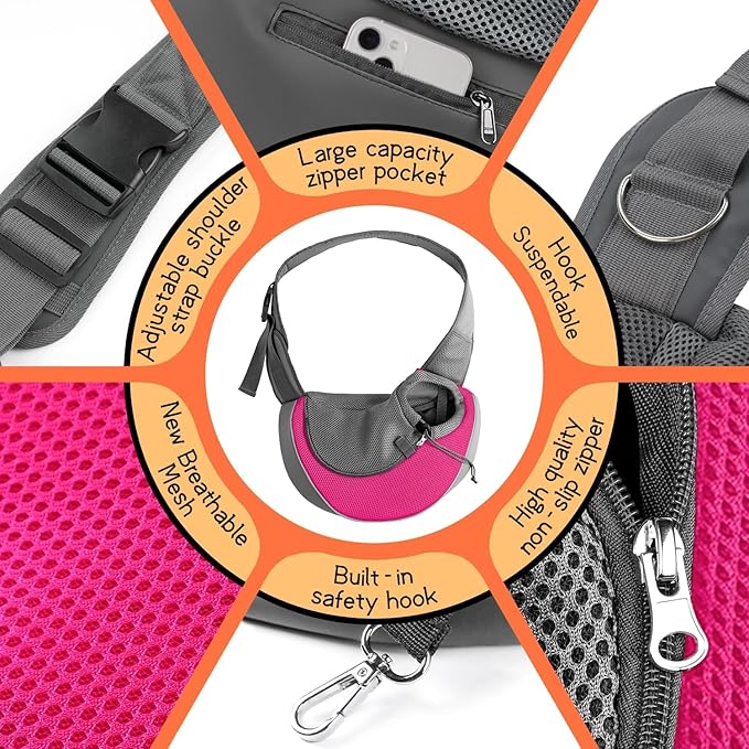 YUDODO Pet Sling Carrier for 10-15 lbs Small Dogs & Cats – Hands-Free Puppy Carrier with Safety Hook, Large Zipper Pocket, Soft Breathable Mesh, Adjustable Strap & Reflective Strip (Pink 1.0 L)