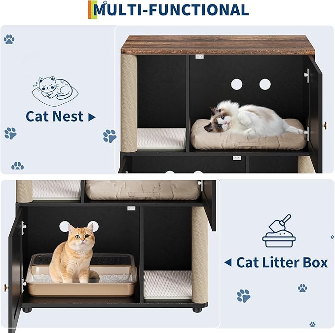 Double Cat Litter Box Enclosure for 2 Cats – 2-Layer Hidden Litter Box Furniture with Scratching Posts & Litter Mats, Space-Saving Modern Wooden Cat Washroom, End Table for Living Room, Brown X Door