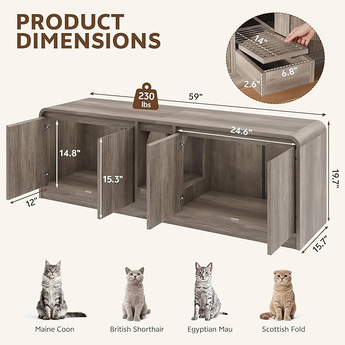 Cat Litter Box Enclosure with Litter Collector, 59'' Double Litter Box Enclosure for 2 Cats, Hidden Litter Box Furniture for Indoor Cats Large Adult, Cat House, Side Table, TV Stand, Grey