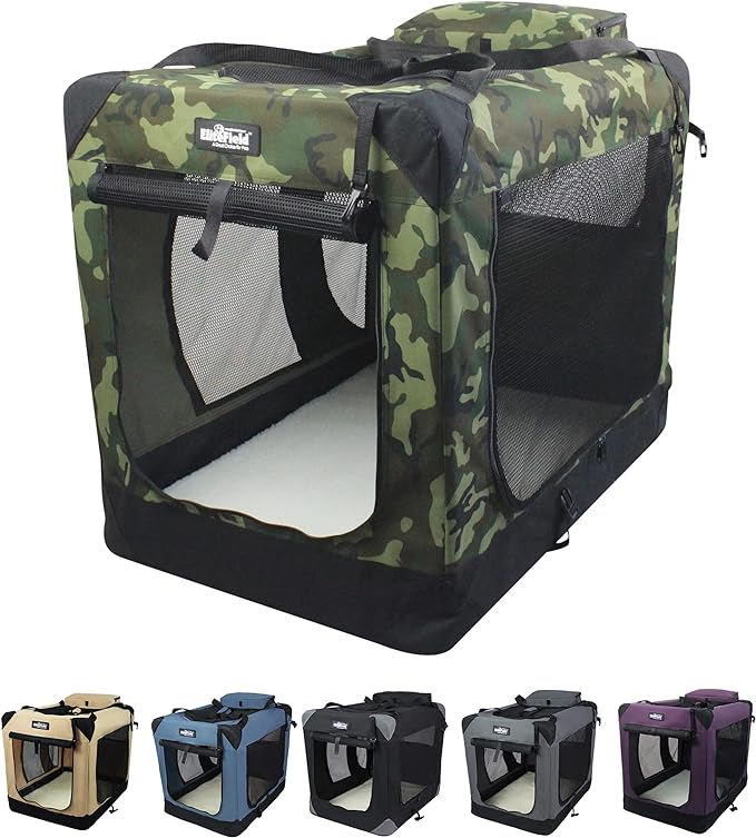 EliteField 3-Door Folding Soft Dog Crate with Carrying Bag and Fleece Bed (2 Year Warranty), Indoor & Outdoor Pet Home (20" L x 14" W x 14" H, Camo)