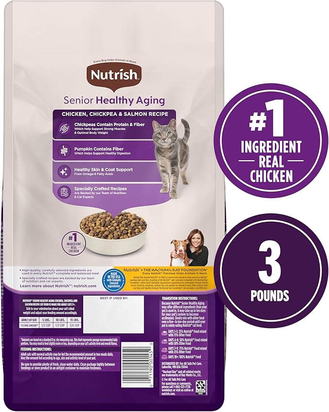 Nutrish Senior Healthy Aging Dry Cat Food, Chicken, Chickpea and Salmon, 3 lb. Bag (Rachael Ray)