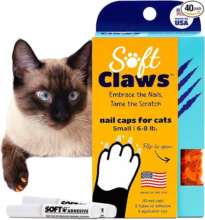 Soft Claws Nail Caps for Cats Made in USA - 40 Cat Claw Caps for 4-6 Weeks of Protection - Long-Lasting Cat Scratch Deterrent for Furniture - Orange, Small