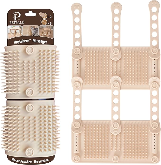 2Pcs PetPals Anywhere Cat Massager with Adjustable Bands and Soft Silicone Bristles, Fits Cat Trees, Furniture & More, Soothing, Easy-to-Clean Grooming Tool for Indoor Cats