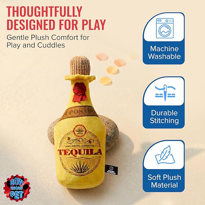 Bow Wow - Tequila Bottle Squeaky Plush Dog & Cat Toy | Funny Novelty Pet Toy with Crinkle Sound | Soft Chew Teeth Teasing Toy | Small to Medium Dogs & Cats | Interactive Indoor Plush Toy