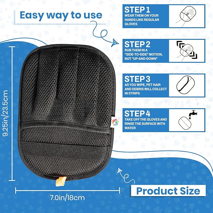 Pet Hair Removal Gloves for Dogs & Cats | Electrostatic Reusable Fur Remover Mitt for Furniture, Carpet & Clothes, Couch Car| Pet Fur Cleaning Tool with Carpet Scraper (Black - 1 Pc)