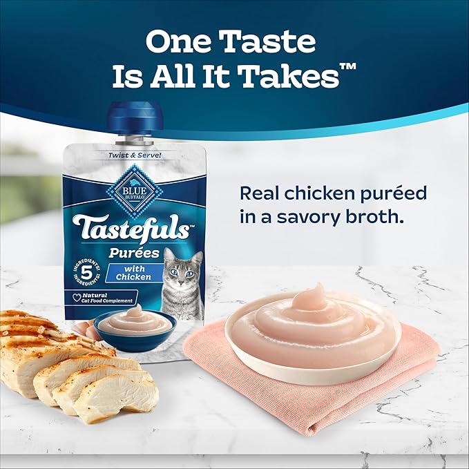 Blue Buffalo Tastefuls Purées with Chicken, Natural Cat Food Complement, Resealable Twist Cap Pouches, 3-oz (12 Count)
