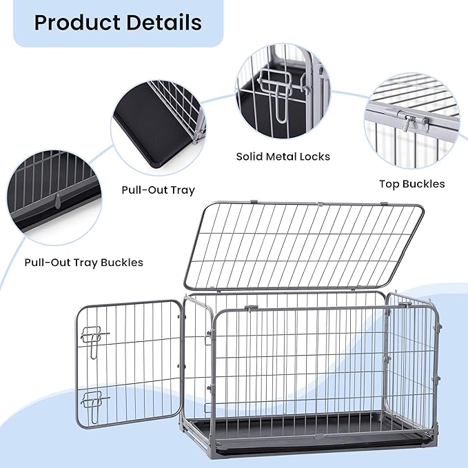 ZOMISIA Collapsible Dog Crate for Large Dogs - 42 inch Escape Proof Metal Dog Kennel with Double Door, Easy Assembly Foldable Dog Cage with Removable Tray, Indoor Outdoor Use, Silver Gray