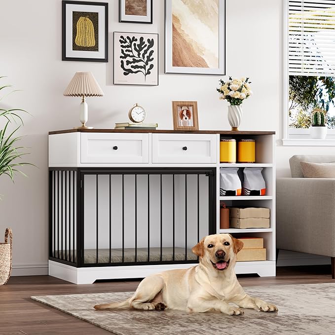 GarveeHome Dog Crate Furniture 47", Large Dog Crate TV Stand with 2 Drawers and 4 Shelves, Wooden Dog Kennel Indoor, Decorative Dog Cage with Storage for Large Dogs, White
