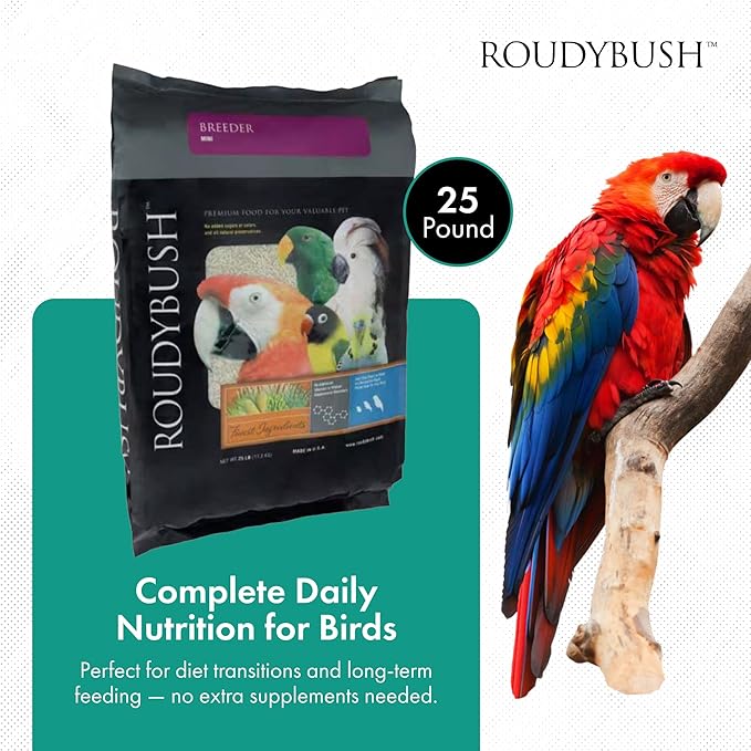 RoudyBush Breeder Food for Breeding & Weaning Birds - Scientifically Formulated Bird Feed - Bird Food Pellets w/Corn, Wheat, Soy & More - Nutritious & Healthy Feed for Birds (Mini, 25lb)