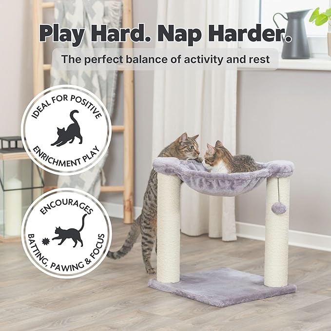 Trixie Baza Cat Scratching Posts, Indoor Cat Furniture with Plush Hammock, Jute Scratcher Posts and Dangling Toy Ball, 15.7" L x 15.7" W x 19.7" H, Gray