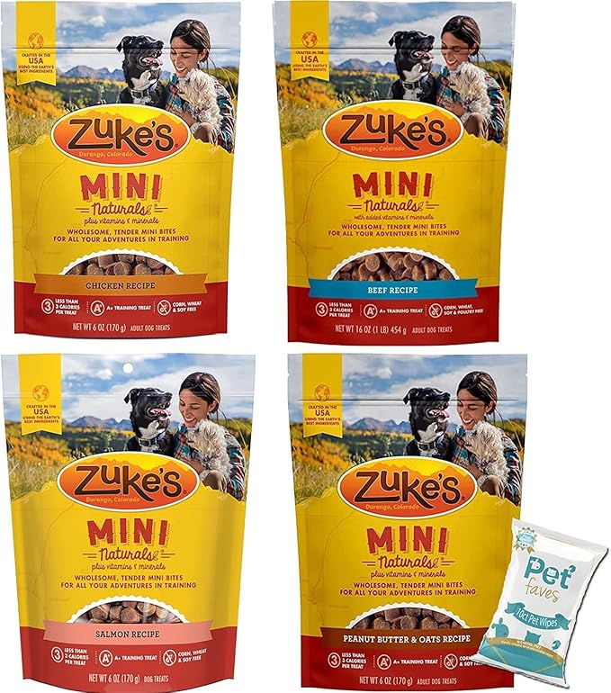 (4 Pack) Zukes Mini Naturals Healthy Moist Dog Training Treats Variety Pack (6oz Each) - Chicken, Beef, Salmon, and Peanut Butter with 10ct Pet Wipes